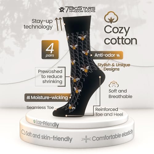 7BIGSTARS Women Cotton Crew Socks, Patterned 4 Pack, M 5-9 - L 8-12 - color: 12 - Black, Light Beige (A53), size: 8-12