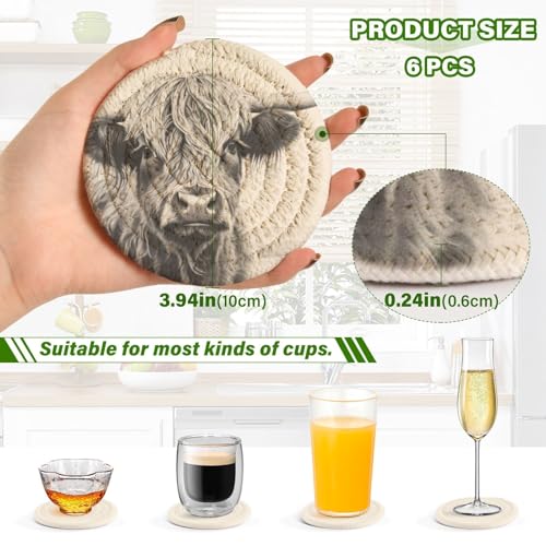 Vintage Highland Cow Drink Coasters Set - 6 Pcs Minimalist Woven Coasters with Holder for Home Decor, 3.94 Inch Absorbent Coasters for Drinks - color: A04