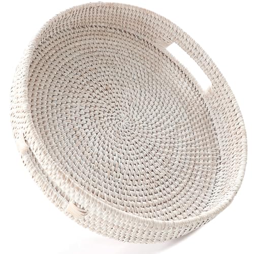 HITOMEN 11.8" Hand-Woven Round Rattan Serving Tray Decorative Wicker Trays with Handles for Coffee Table (Whitewash-M) - color: Whitewash, size: Medium (11.8 inches)