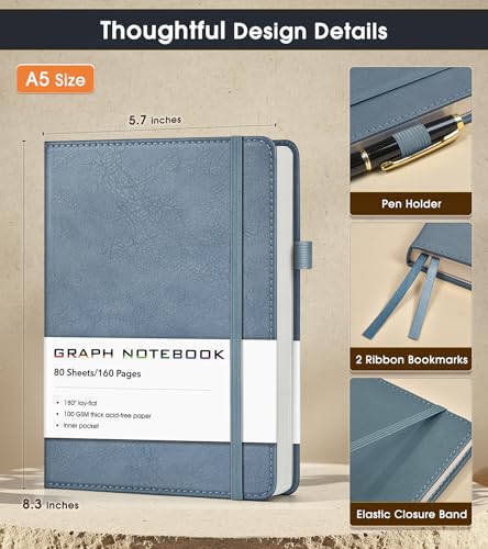 A5 Leather Hardcover Graph Paper Notebook, 160 Pages (5 Squares/Inch), 180° Lay-Flat Binding, 100 GSM Thick Paper, for Math, Engineering, Students & Technical Work (Dusty Blue) - color: Dusty Blue, size: Grid