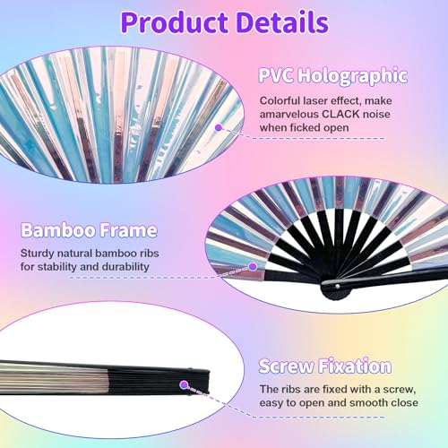 EOSAU Large Laser Rave Fan, Folding Hand Fans for Line Dancing, Blue - color: 13" Blue 01