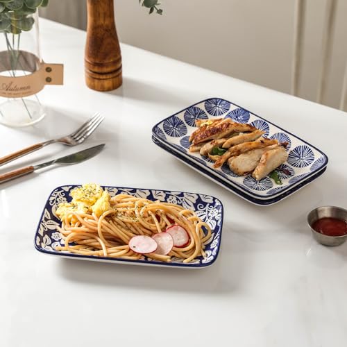 Selamica Ceramic Rectangular Salad Plates Set, Dinner Plate 9.4 Inch Dessert Plates for Party Entertaining, Small Serving Plates for Appetizers, Sushi, Fruit, Set of 4, Vintage Blue - color: Vintage Blue, size: 9.4 Inch, Set of 4