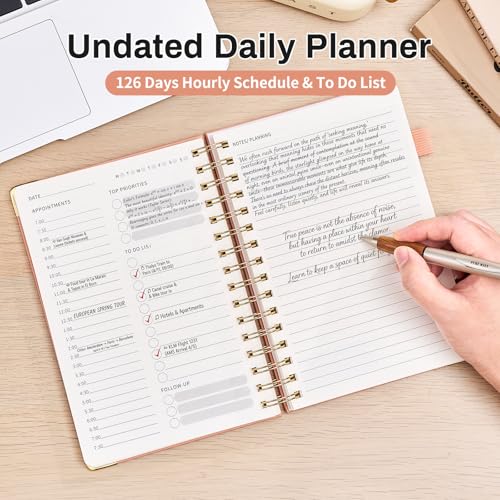 Ovesmusl Undated Daily Planner - 126 Days Hourly Schedule & To Do List - A5 PU Leather Hardcover Spiral Notebook planner with stickers, Metal Corner Protectors & Back Pocket for Work & School, Pink - style: Pink