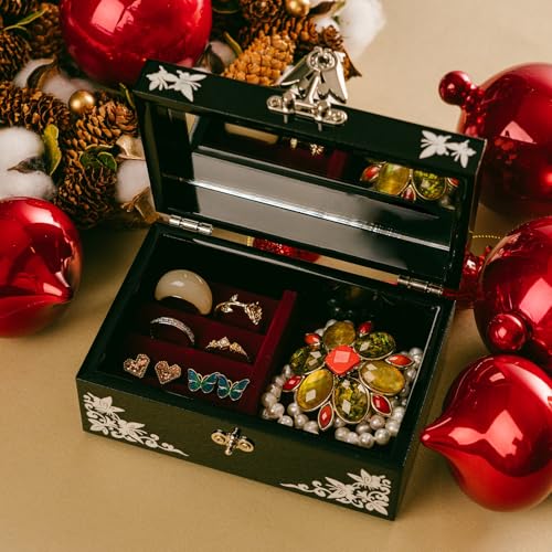 February Mountain Mother of Pearl Small Jewelry Box with mirror lid, Jewelry Storage Organizer for Earring, Necklace, Rings, Bracelet & Accessories - color: Black