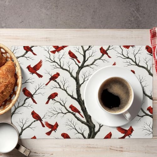 Winter Cardinal Christmas Placemats Set of 4, Vintage Red Birds Decorative Linen Place Mats, Washable Heat Resistant Table Mats for Seasonal Christmas Holiday Kitchen Dining Home Decor - color: Cardinal