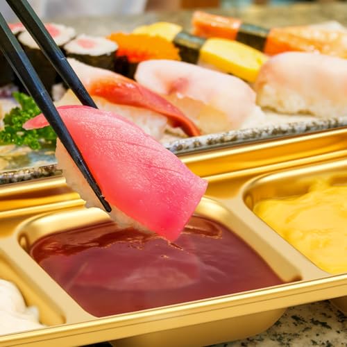 Maxcheck 12 Pcs Soy Sauce Dish Stainless Steel Divided Dip Bowls Korean 3 Compartment Sauce Plate Seasoning Dipping Condiment Tray for BBQ Vinegar Spice Salt Sugar Flavor Home Restaurant (Gold) - color: Gold