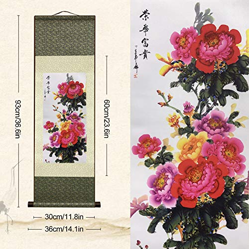 AtfArt Silk Scroll Painting, Asian Wall Art, Flower, 36.2x12in - color: C4