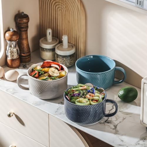 Ceramic Soup Bowl with Handle, 38 oz Microwave Safe, Grey - color: Gray
