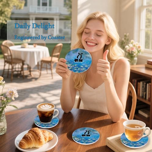 Nikyi 6 Pcs Cute Cat Ceramic Drink Coasters, Absorbent Round Coasters with Cork Backing & Metal Holder, Monet Art Water Lily Coasters Perfect for Coffee Table Office Home Decor & Cat Lovers - color: Cute Cat Monet Art