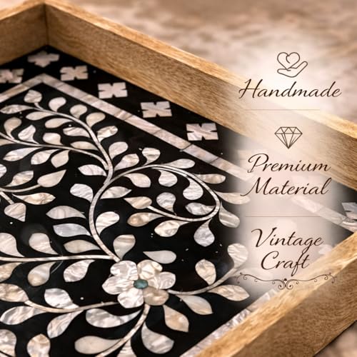 Decorative Wooden Serving Tray with Mother of Pearl Inlay Handcrafted Rectangle Coffee Table Tray Kitchen & Home Décor