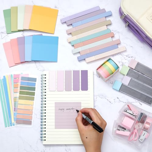 Sinload 60 Pcs Aesthetic Book Annotation Kit School Supplies Cute Pencil Case Mini Stapler Set 12 Highlighter 5 Gel Pen 6 Pencil 5 Magnetic Bookmark 1220 Sticky Note Student Stationary(Purple) - color: Purple