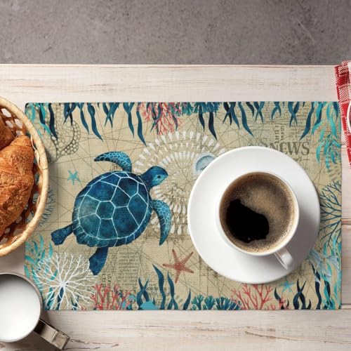 Nautical Placemats Set of 4, Ocean Coast Beach Theme Washable Non-Slip Heat Resistant Place Mats, Sea Turtle Seahorse Summer Linen Decoration Dinner Mat for Kitchen Dinner Party Decor - color: Ocean