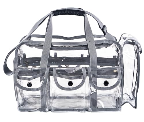 Wide Mouth Large Professional Clear PVC Travel Makeup Artist Set Bag Cosmetic Nails Beauty Bags Transparent Vinyl Tool Organizer Work Bag Beach Bags Diaper Bag with 6 External Pockets & Strap (Grey) - color: Grey