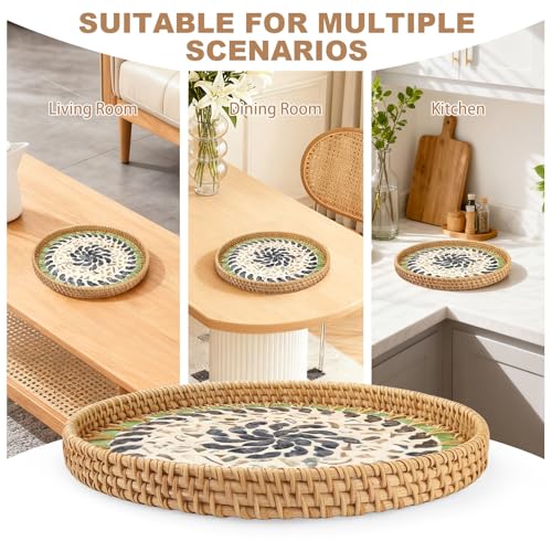 11.8" Decorative Round Rattan Tray with Mother of Pearl, Hand-Woven Wicker Serving Tray, Boho Rattan Basket Platter for Fruit Bread Coffee Counter Dessert Kitchen - color: Trumpet