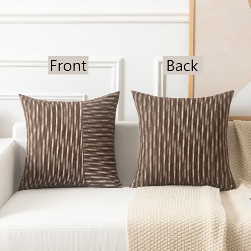 Kevin Textile Brown and Beige Farmhouse Striped Patchwork Linen Decorative Throw Pillows Covers 18x18, Set of 2, Modern Accent Square Cushion Covers for Couch Chair Bedroom Fall Decorations - color: Brown, size: 18" x 18" (Pack of 2)