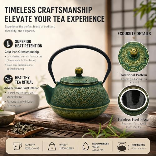 30.4oz Small Cast Iron Tea Kettle Teapot for Stovetop,Green Tea Pot