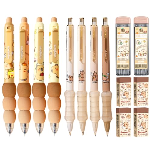 4Pcs Cute Capybara Erasable Retractable Pens-Erasable Gel Ink Pens,0.5mm Fine Point Black Ink,4Pcs 0.5mm Cute Capybara Mechanical Pencils,Lead Refills,Erasers,for Office School Supplies Women Men - style: capybara（foam cover）