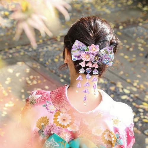 Umibow Japanese Kimono Flower Hair Clip Bowknot Tassel Hairpin Japanese Style Traditional Tsumami Kanzashi Hair Barrettes Hanfu Hair Pin Wedding Hair Accessories (Purple) - color: Purple