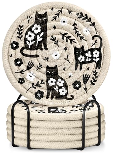 Absorbent Cup Coasters Set of 6 with Holder, Black Cat - color: Black Cat