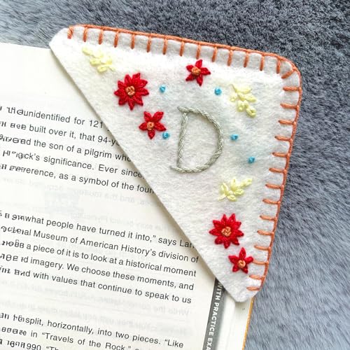 Personalized Hand Embroidered Corner Bookmark, Cute Flower Book Mark, Hand Stitch Gift for Women Book Lovers by HNQCPCVU (D, White) - color: White, size: D