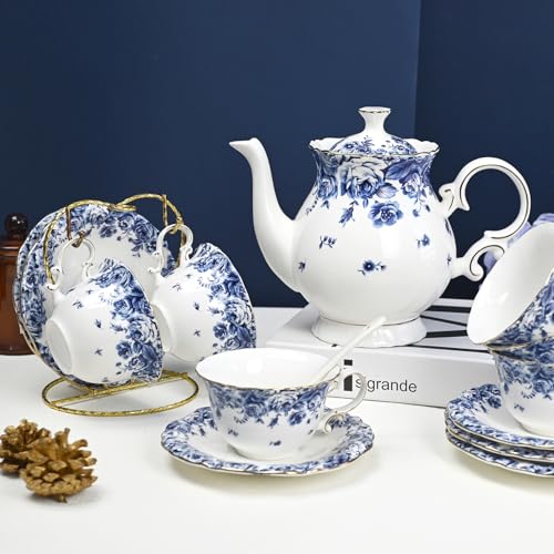 Bone China Tea Set for Adults, 13-Piece Blue and White Porcelain Tea Set for 4, Vintage Floral Tea Set With Teapot and Teaspoons, Tea Party Sets for Women Gift (Blue C) - color: Blue C