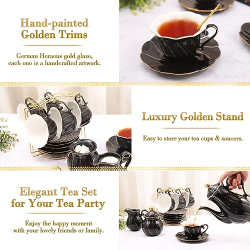 DUJUST 22 pcs Porcelain Tea Set for 6, Luxury British Style Tea/Coffee Cup Set with Golden Trim, Beautiful Tea Set for Women, Tea Party Set, Gift Package (Including a Stand) - Black - color: Black