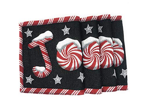 DaDa Bedding Starry Peppermint Joy Placemats - Set of 4 Festive Christmas Winter Holiday Tapestry - Red Black & White Cotton Linen Woven Yueltide Dining Table Mats - 13” x 19” (12904) - color: Joy