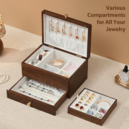 Black Walnut Wooden Jewelry Box for Women, 3 Layer Organizer with Drawer - color: 3 Layer