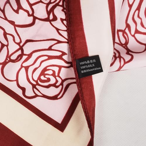 Women 100% Mulberry Silk Neck Scarf 21" Square Floral Neckerchief - color: Red Rose
