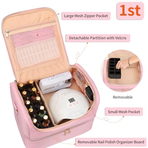 CUBETASTIC Nail Polish Organizer Case, Nail Supplies Storage Box Holds Nail Polish Bottles & Nail Lamp, Travel Nail Tech Carrying Case, Nail Kit Bag For Nail Stuff & Manicure Tools (Pink, 45 Slots) - color: Pink, size: 45 Slots