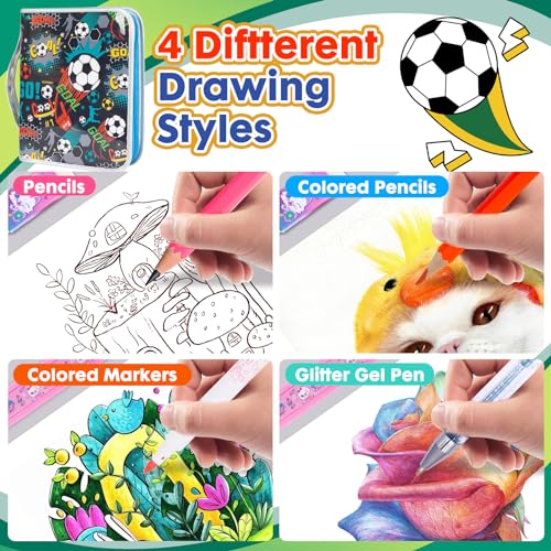 Washable Markers Set with Glitter Pencil Case, Art Supplies for Kids Ages 4-6-8, Arts Crafts Travel Coloring Kit for Boys 4 5 6 7 8 Year Old Birthday Gifts - color: Soccer