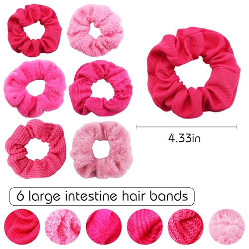 Scrunchies for Women Girls 6Pcs Hot Pink Knit Fuzzy Scrunchies for Thick Hair Ultra Textured Soft Scrunchy Hair Ties Solid Elastic Hair Bands Ponytail Holders Cute Hair Accessories Holiday Gift - color: Hot Pink 6PCS