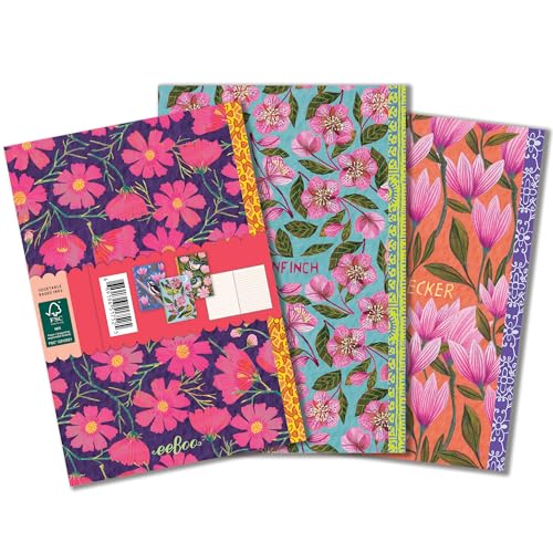 eeBoo Piece & Love: Birds Little Notebooks - Set of 3, 5.75 x 4, 64 Pages Each, Nature Themed Pocket Journals, Notes-Sketch-Draw, Lines & Grid Dot - style: Birds