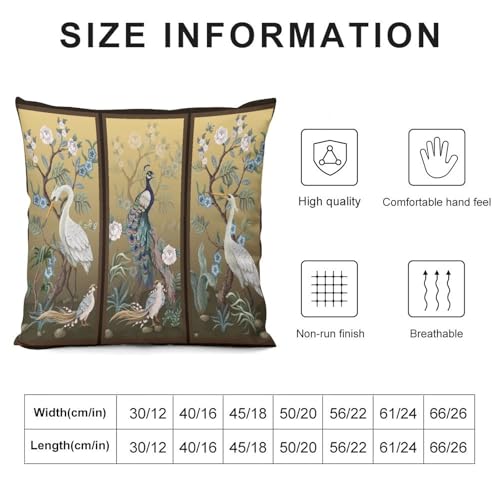 Peacock Peony Crane Pillow Covers,Vintage Asian Chinese Style Japanese Throw Pillow Covers for Home Couch Sofa Bed Decor 18x18in - color: Orange-white, size: 18" x 18" (Pack of 2)