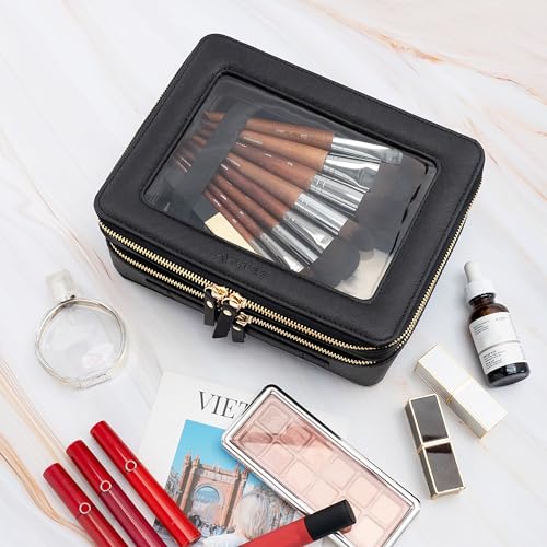 Aveniee XL Clear Makeup Organizer,Double Layer Travel Cosmetic Case with Brush Holder & Zippered Compartments,Big Toiletry Bag for Travel Accessories,2 Layers Large,Black - color: Black, style: Dual Layer Large