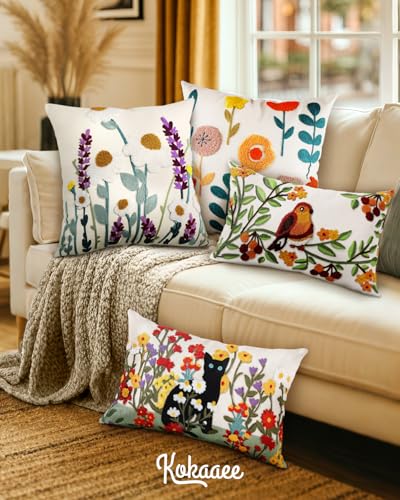 Embroidered Throw Pillow Cover, 20x20 Inch, Fall Floral - color: Fall Flower, size: 20" x 20" (Pack of 1)