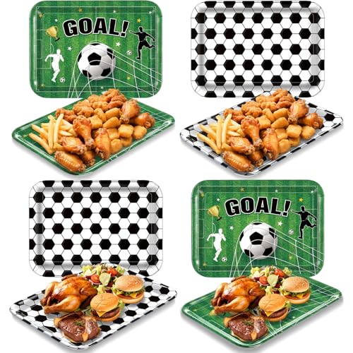 Vesici 4 Pack Soccer Melamine Serving Trays, 13 x 10 in Rectangular Serving Platters with Goal Field & Ball Pattern, Reusable Snack Appetizer Dessert Trays for Game Day Parties, Easy Clean - style: Soccer