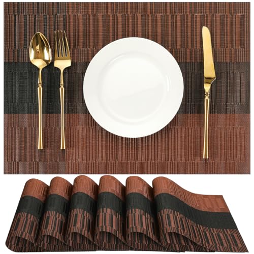 Placemats Set of 6, Vinyl Woven Heat-Resistant Place Mats - color: Black Brown, size: Set of 6
