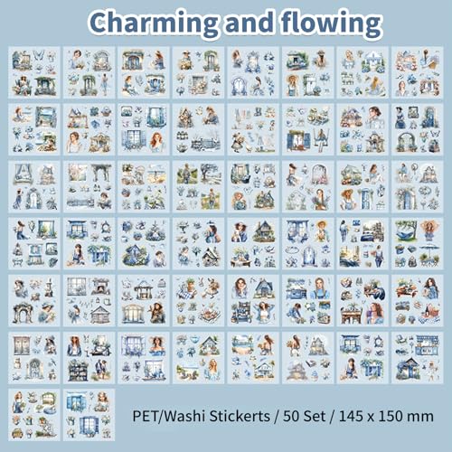 Charming Circulation Theme Sticker Scrapbooking Supplies for Junk Journal, 50 Sheets Washi Stickers - Vintage Journaling Stickers - color: Charming Circulation Theme
