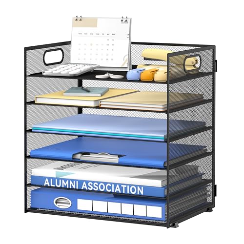 Daltack 6-Tier Paper Organizer for Desk with Handle, Black - color: Black