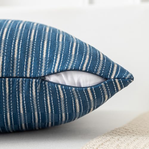 Kevin Textile Dark Blue and Beige Farmhouse Striped Patchwork Linen Decorative Throw Pillows Covers 18x18, Set of 2, Modern Accent Square Cushion Covers for Couch Chair Bedroom Fall Decorations - color: Dark Blue, size: 18" x 18" (Pack of 2)