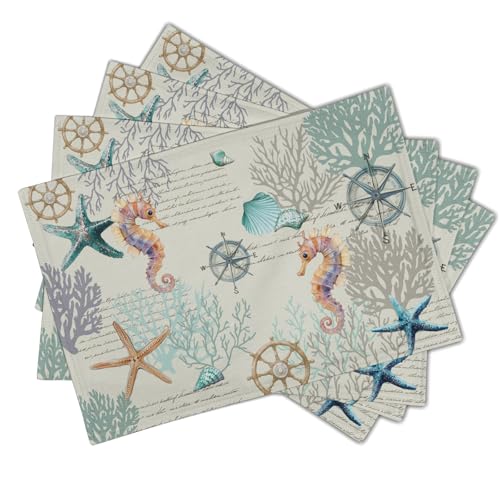 Nautical Placemats Set of 4 Starfish Sea Shell Beach Theme Ocean Coral Washable Non-Slip Heat Resistant 12×18 Inch Seasonal Summer Linen Fabric Table Mat for Party Kitchen Dining - color: Nautical