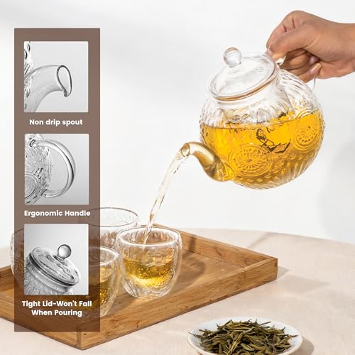 Bandesun Vintage Glass Teapot Set with 4 Cup, 32oz Borosilicate Tea Pot with Removable Infusers for Blooming and Loose Leaf Tea, Tea Warmer with Candlelight, Stovetop Safe, Gift for Women and Adults - size: 32oz (with Warmer & 4 Cups)
