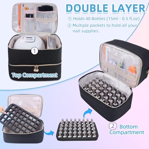 ALSLEA Nail Polish Organizer With Adjustable Shoulder Strap Gel Nail Polish Holder, Nail Organizers and Storage for UV Led Nail Lamp, Nail Supplies Bag, Holds 40 Bottles (15ml - 0.5 fl.oz) (Black) - color: Black, size: 40 slots