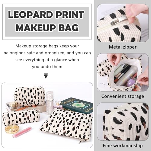3 Pcs Makeup Bag Cosmetic Bag Set for Girls Women Travel Organizer Bathroom Toiletry Pouch Large Capacity Storage Bag (Leopard Beige) - color: Leopard Beige