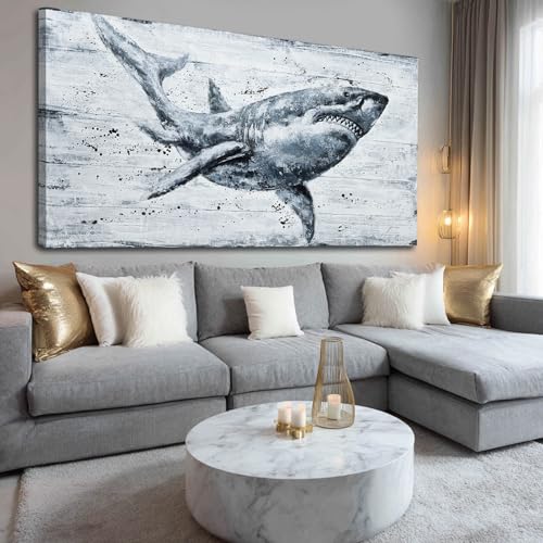 Ocevarin Ocean Animal Canvas Wall Art Large Shark Art Prints Vintage Wall Decor Beach Posters Contemporary Artwork for Living Room Office Home 29x58 Inch - color: Shark, size: 58"L x 29"W
