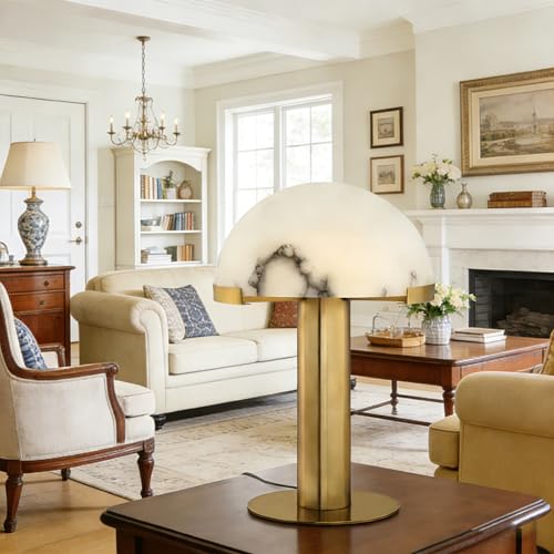 Postmodern Faux Marble Table Lamp, Golden Copper Metal Decorative Lamp Body and a Mushroom Dome Shaped Lamp Shade, for Bedside Reading Lamp in Living Room Bedroom Study Room Office