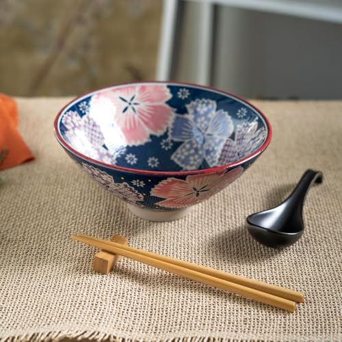 Urban Tokyo 24oz Large Ceramic Ramen Bowl Set with Chopsticks, Spoon & Bamboo Rest – Oriental Japanese Design, Microwave & Dishwasher Safe, Flower Design - color: Pink and Green