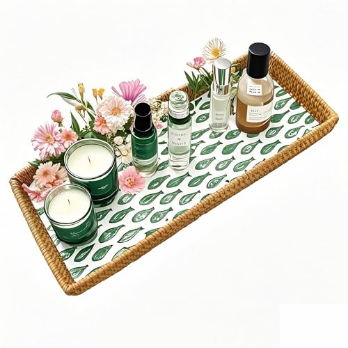 Narrow Rattan Bathroom Vanity Tray with Green Fish Mother of Pearl Inlay - Slim Rectangular Wicker Organizer for Toilet Tank Top, Guest Towels, Toiletries & Coastal Home Decor