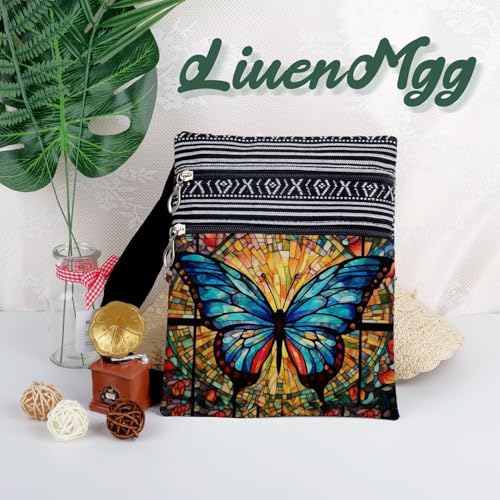 Stained Glass Pattern Crossbody Handbag with Zipper Butterfly World Tree Bee Aesthetic Present for Woman - color: Blue Butterfly
